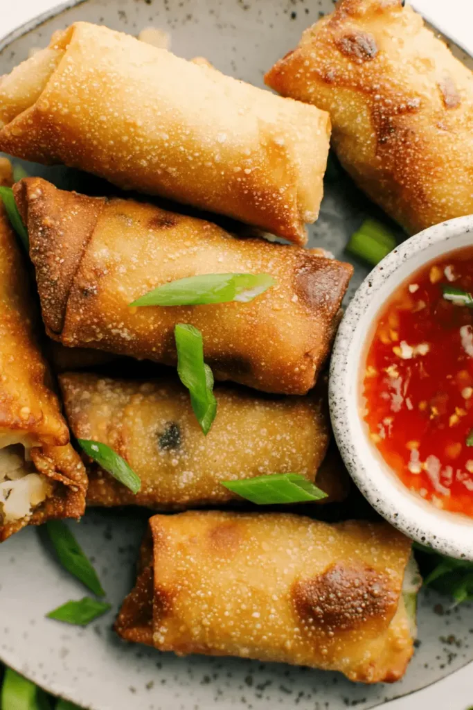 Golden-brown air fryer egg rolls artfully arranged on a speckled grey plate with red dipping sauce and green onions.