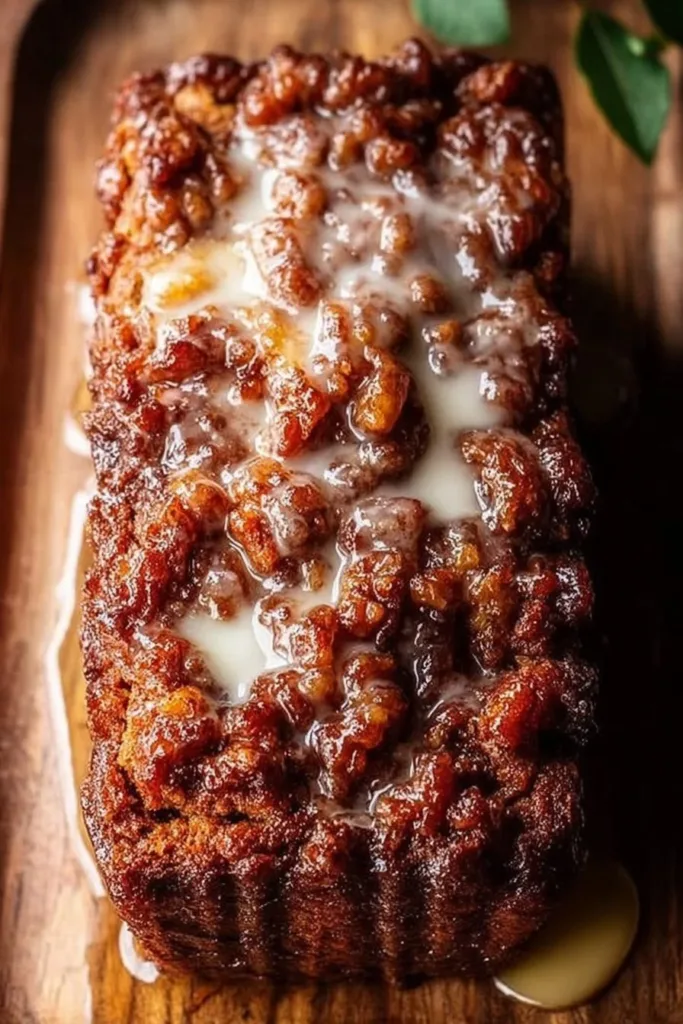 Amish apple fritter bread with cinnamon glaze and apple chunks