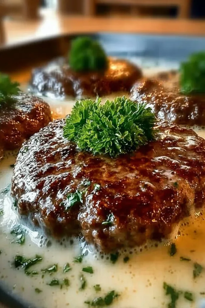 Amish Hamburger Steak Bake with savory gravy and vegetables