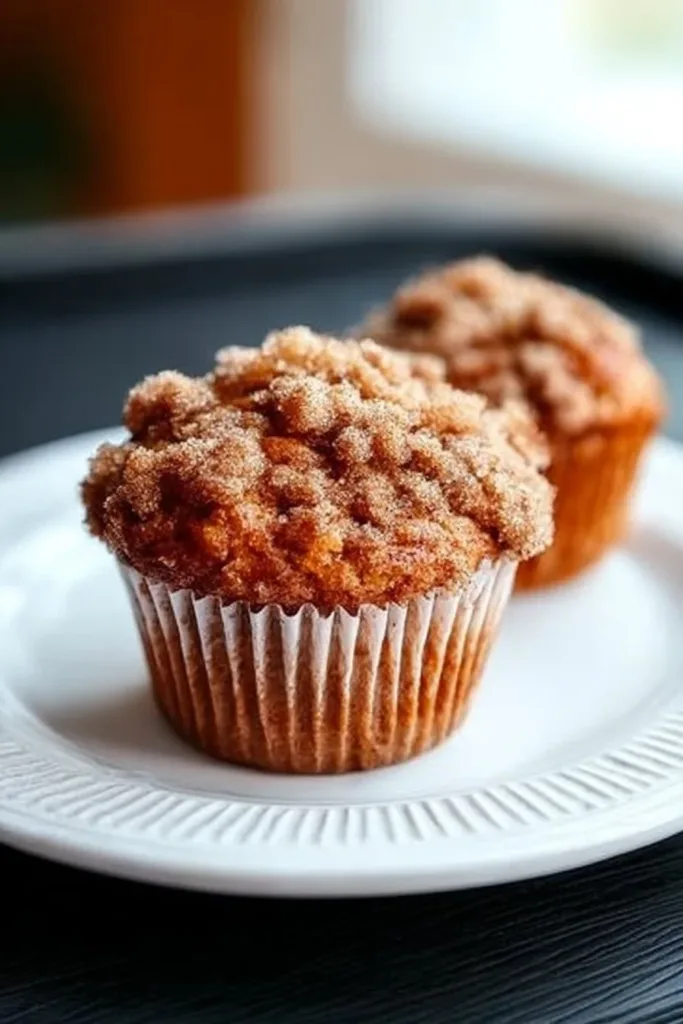 Freshly baked apple cinnamon muffins with chunks of apple and a cinnamon topping