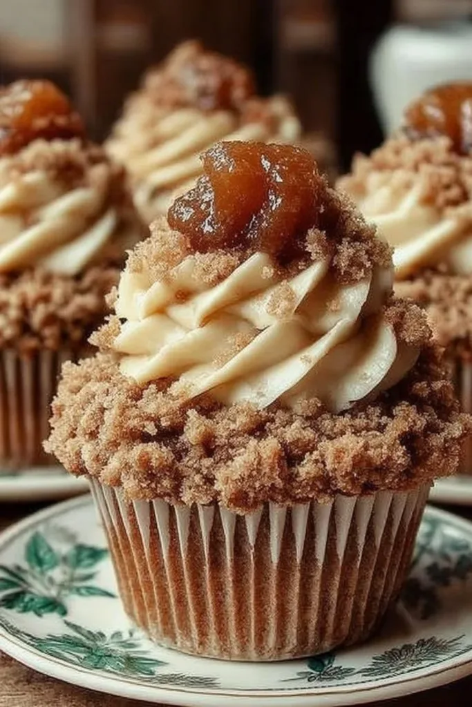Delicious apple crumble cupcakes topped with crumbles and a sweet glaze