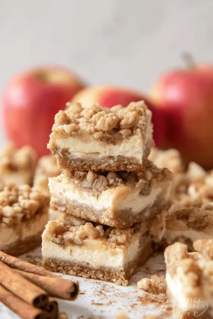 Delicious stack of golden-brown streusel-topped Apple Cheesecake Bars with creamy filling and a crumbly crust, garnished with cinnamon sticks and fresh apples.