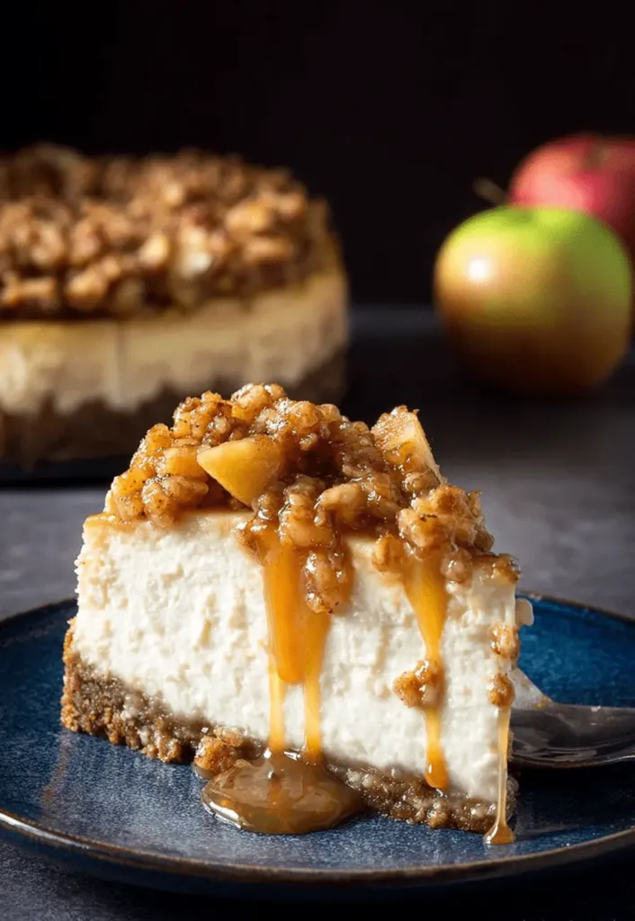 A beautifully composed slice of apple crisp cheesecake with a rich crumble topping and caramel drizzle on a blue plate.