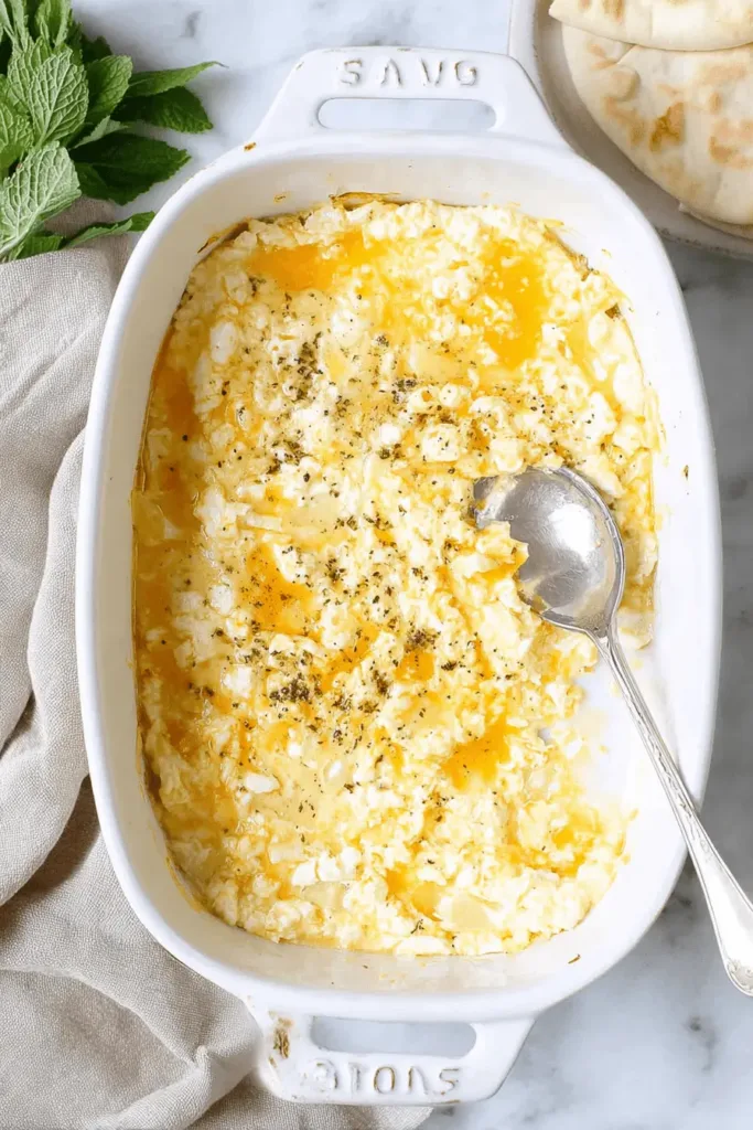 Overhead view of creamy Baked Feta Eggs in a ceramic baking dish with olive oil and herbs, served on marble with pita bread and mint.