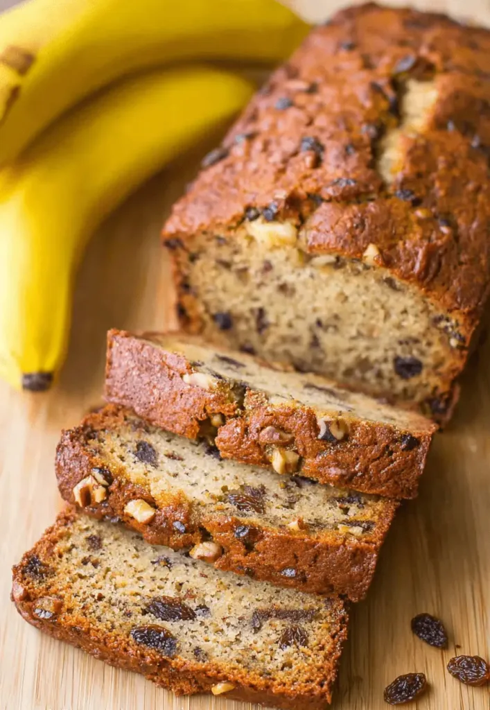 Freshly baked banana bread loaf, partially sliced with visible nuts and raisins, on a wooden cutting board, representing a delicious banana bread recipe.