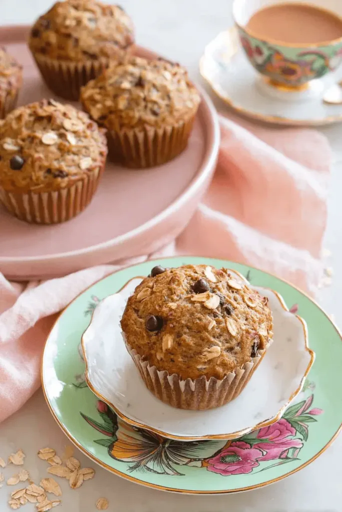 A single golden-brown Banana Oatmeal Muffins with visible oats and chocolate chips, elegantly presented on delicate tableware with more muffins and a teacup in a warm setting.