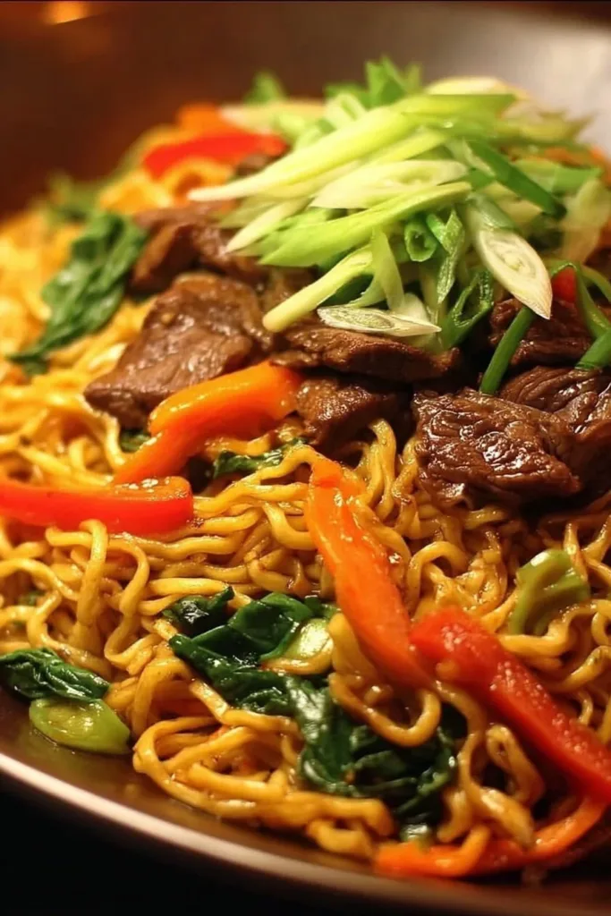 Delicious Beef Lo Mein featuring tender beef and colorful vegetables in savory sauce