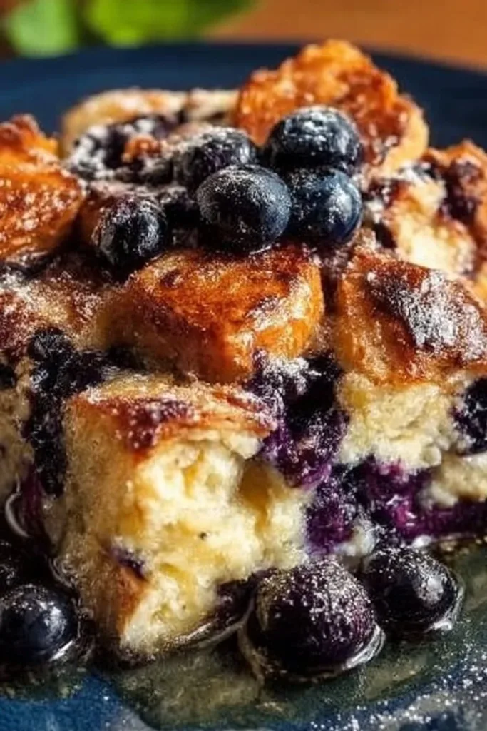 Delicious Blueberry Lemon French Toast Casserole served in a baking dish.