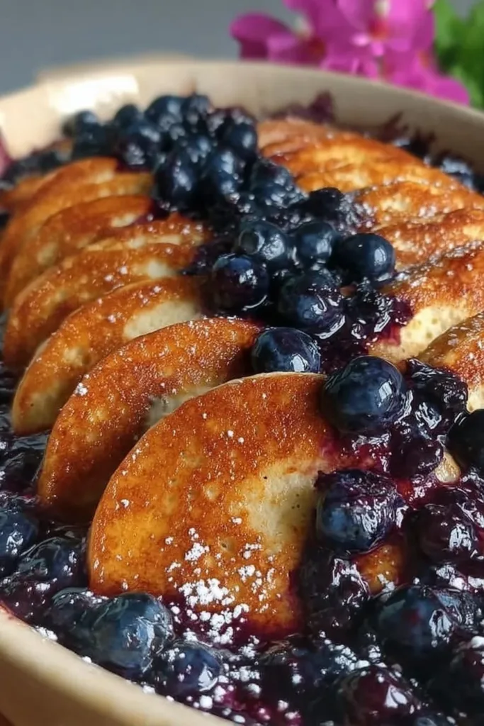 Blueberry pancake pudding served in a bowl with fresh blueberries on top.