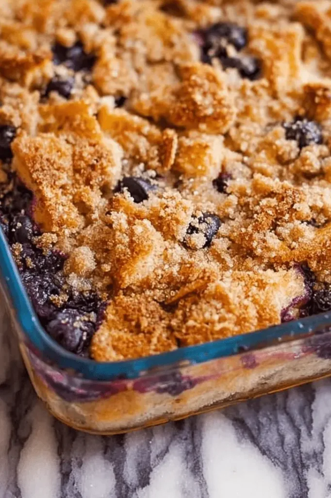 Close-up of a golden-brown Blueberry French Toast Casserole in a glass baking dish, showing plump blueberries and a streusel topping.