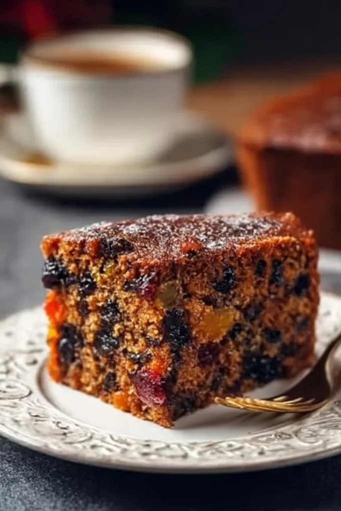 Deliciously moist boiled fruit cake with colorful fruits and nuts.