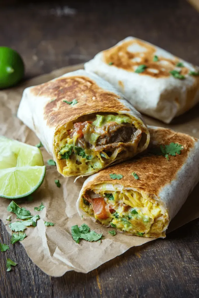 Close-up of two cut-open, golden-brown breakfast burritos revealing vibrant fillings of egg, cheese, meat, and vegetables, served on parchment paper with fresh lime and cilantro on a wooden board.