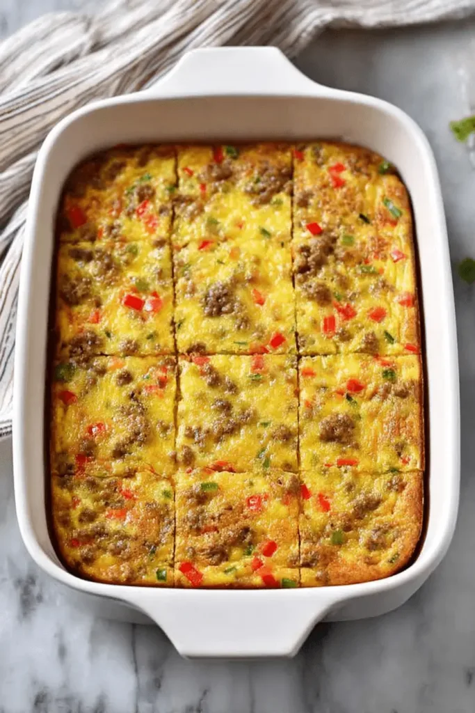 Savory egg and sausage breakfast casserole with peppers, pre-sliced in a white baking dish.