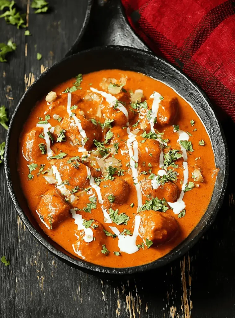 A vibrant Butter Chicken curry, garnished with cream and cilantro, served in a rustic cast iron skillet on a wooden table.