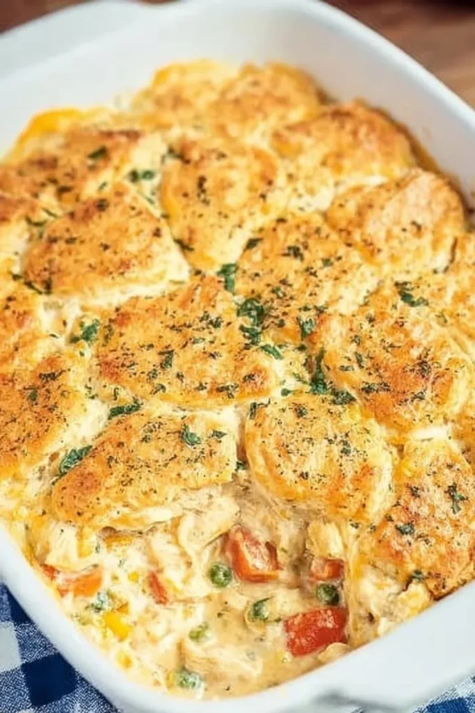 Cheddar Bay Chicken Pot Pie Casserole in a baking dish