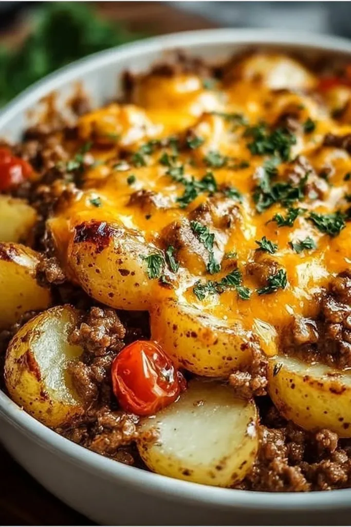 Cheesy Ground Beef and Potato Casserole served in a dish