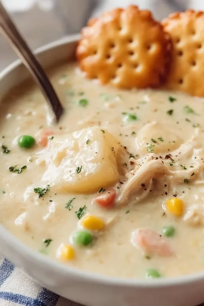 Delicious Chicken Pot Pie Soup in a bowl with herbs and vegetables