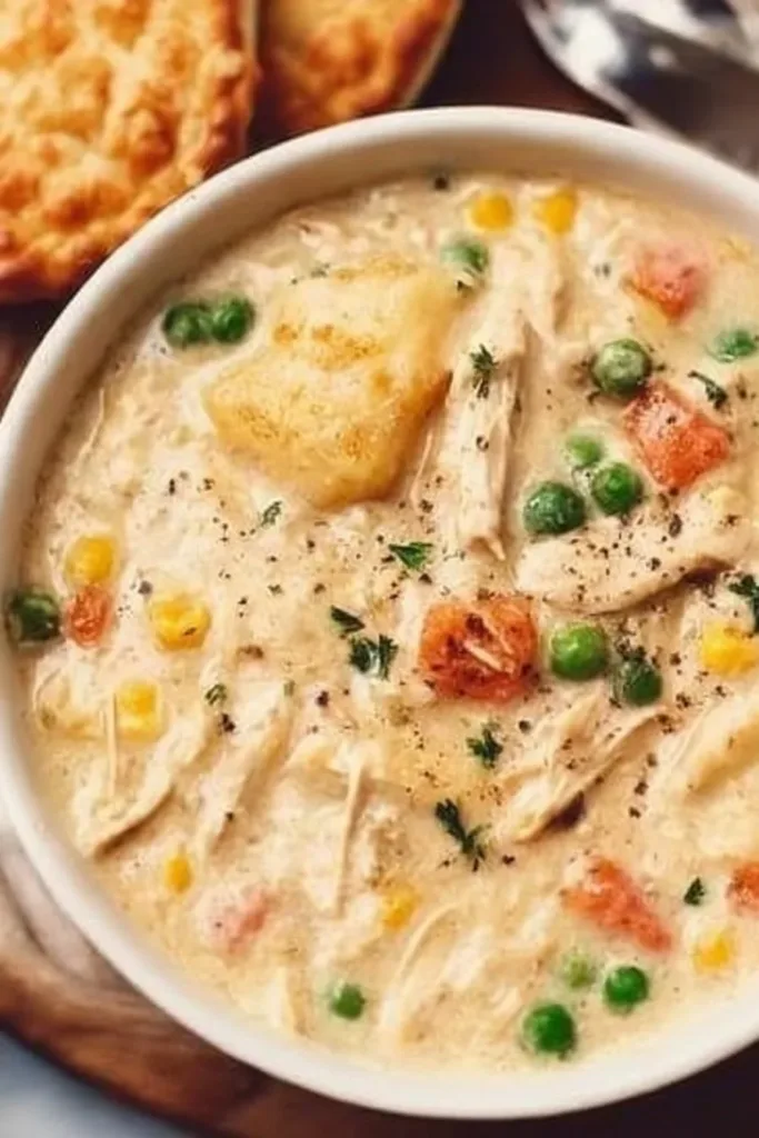 Delicious Chicken Pot Pie Soup served in a warm bowl