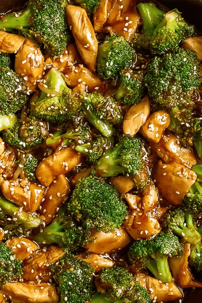 Close-up of a vibrant chicken and broccoli dish with glossy sauce and sesame seeds, illustrating delicious chicken and broccoli recipes.