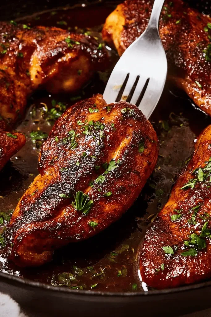 Close-up of a beautifully seared chicken breast recipe sizzling in a dark skillet with a rich pan sauce and fresh herbs.