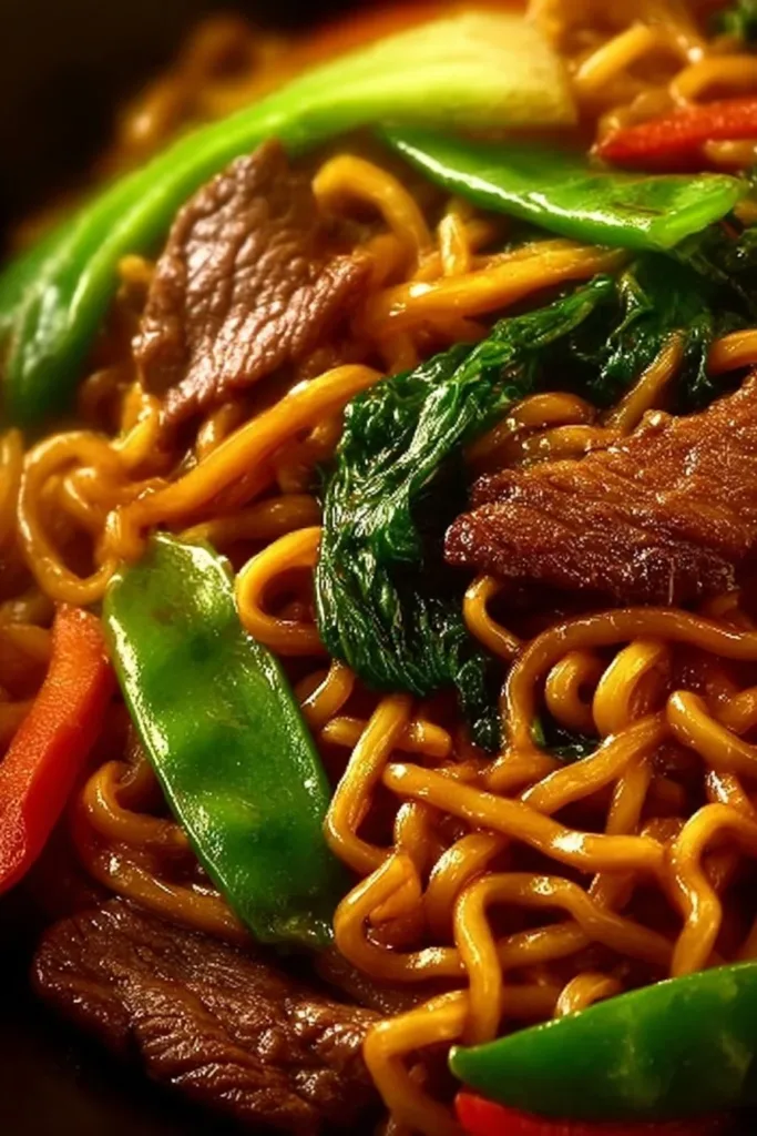 Delicious Chinese Beef Lo Mein with tender beef, colorful vegetables, and noodles.