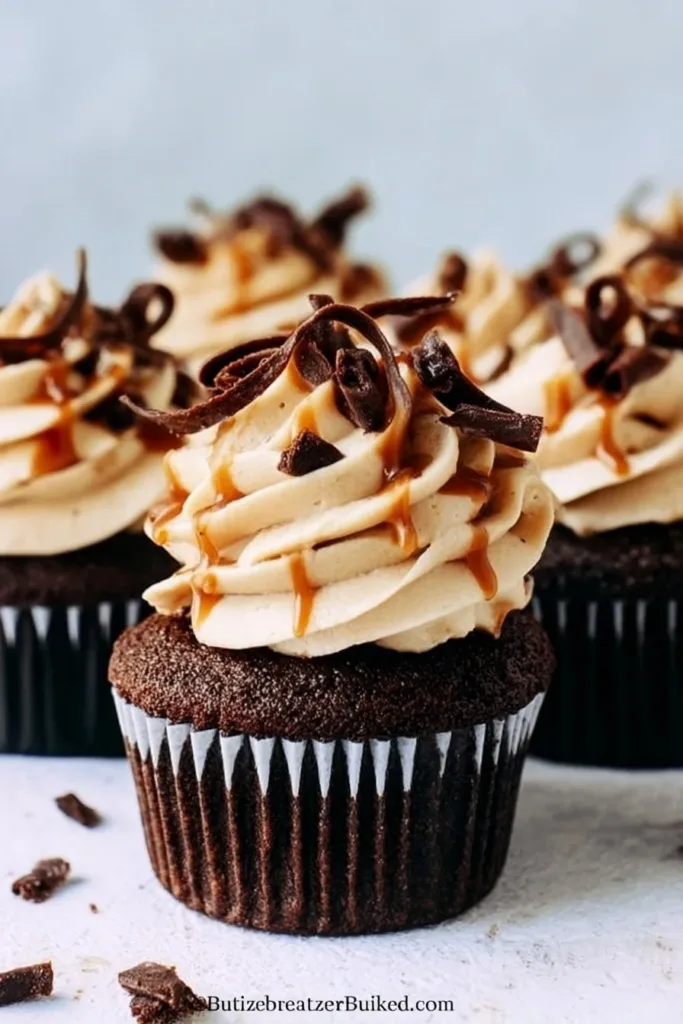 Chocolate Espresso Cupcakes with Salted Caramel Buttercream on a decorative plate