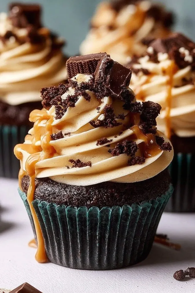 Chocolate espresso cupcakes with salted caramel buttercream frosting.