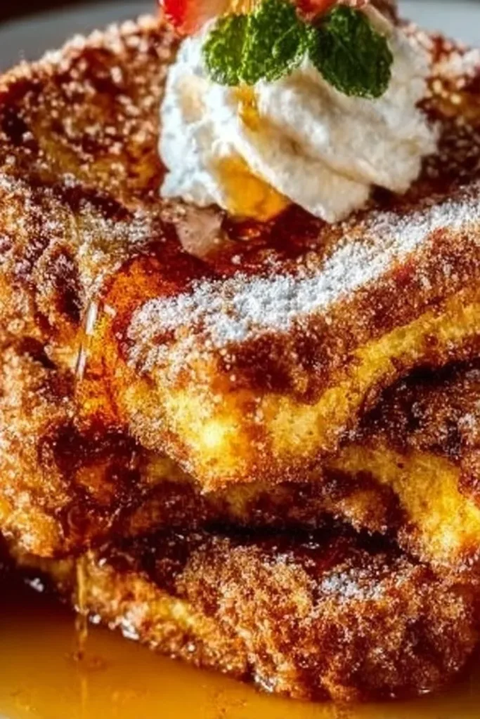 Delicious Churro French Toast topped with cinnamon sugar and served with syrup