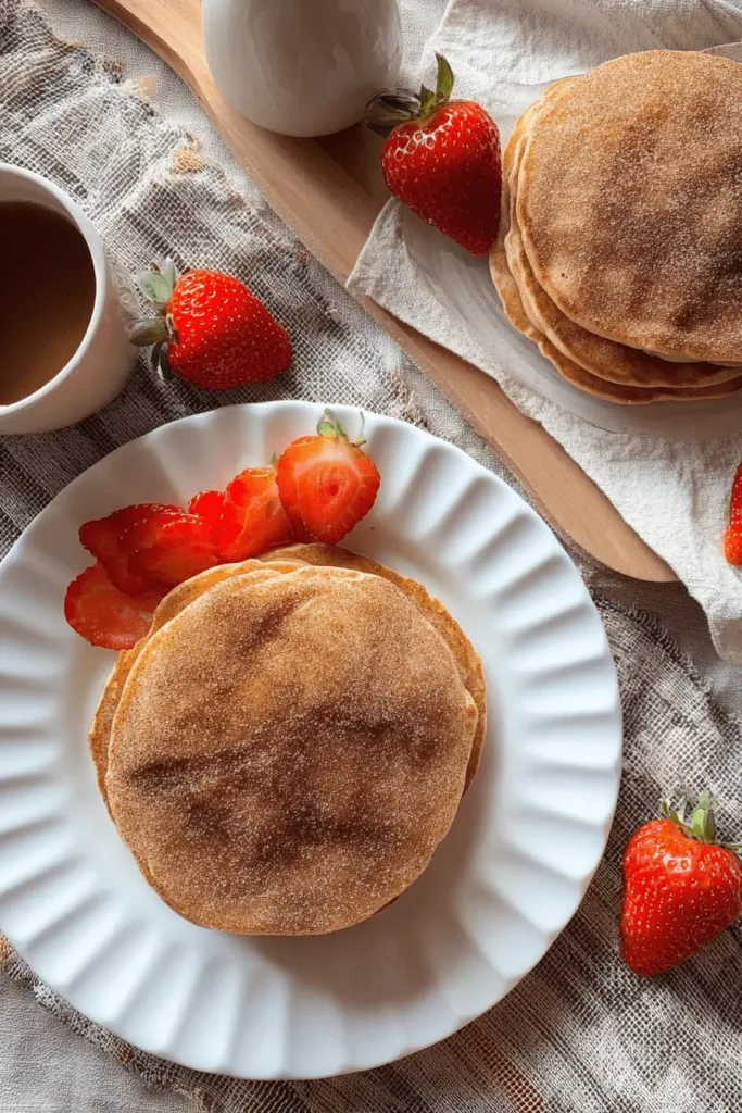 Delicious Churro Pancakes dusted with cinnamon sugar, served with fresh strawberries on a rustic breakfast setting.