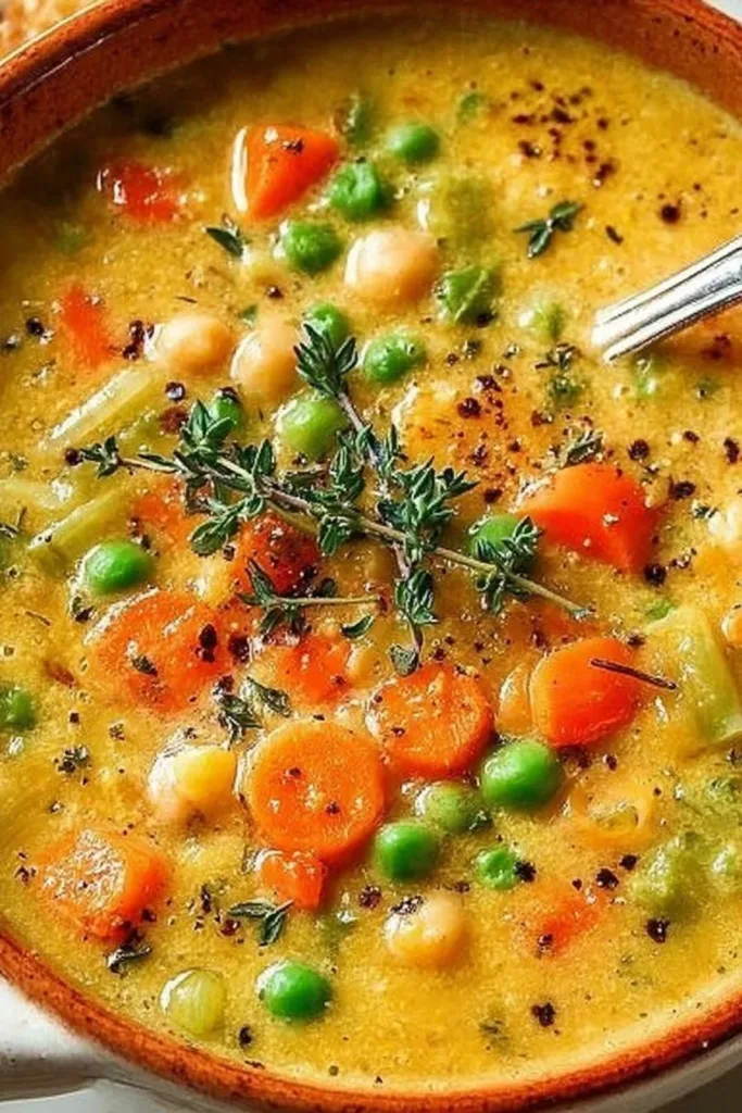 Bowl of creamy vegetable soup with fresh vegetables and herbs