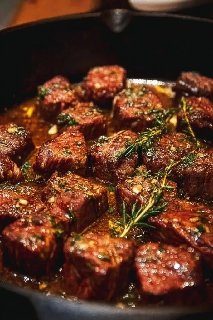 Delicious Cowboy Butter Steak Bites drizzled with flavorful herb butter.