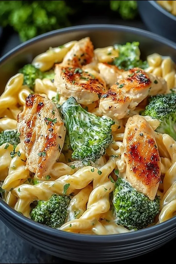 Creamy chicken broccoli pasta in a bowl topped with parmesan cheese