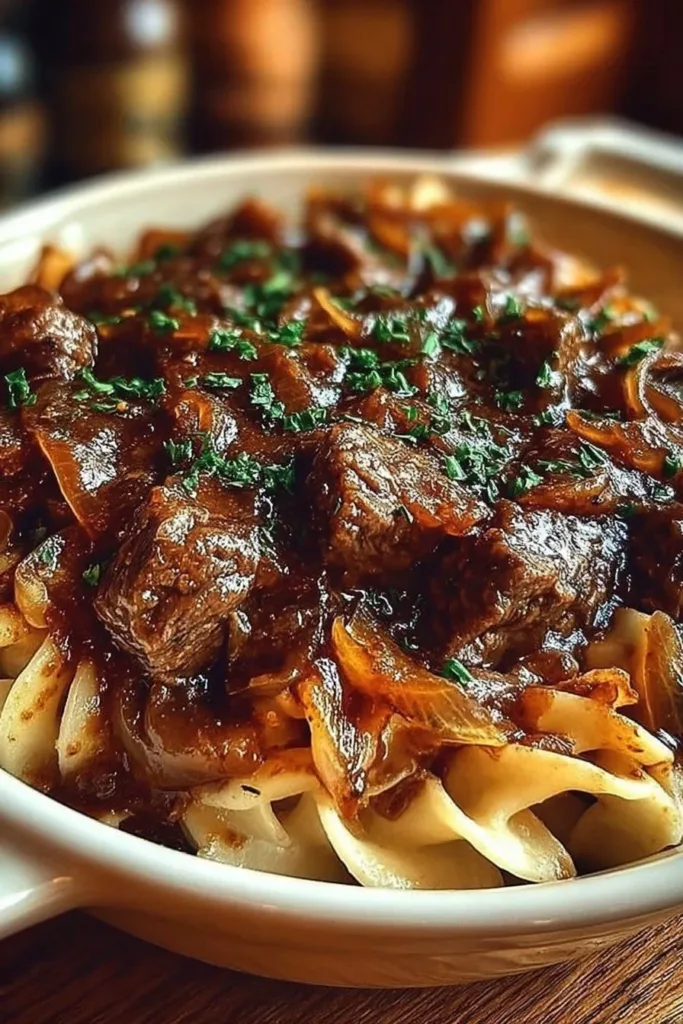 Creamy French onion beef casserole topped with melted cheese and crispy onions.