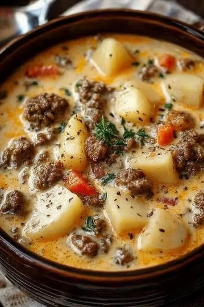 Crockpot Creamy Potato and Hamburger Soup in a bowl with fresh herbs