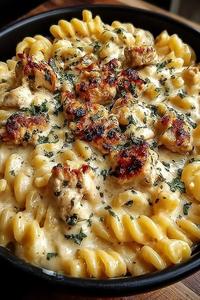 Delicious crockpot garlic parmesan chicken pasta dish garnished with herbs.
