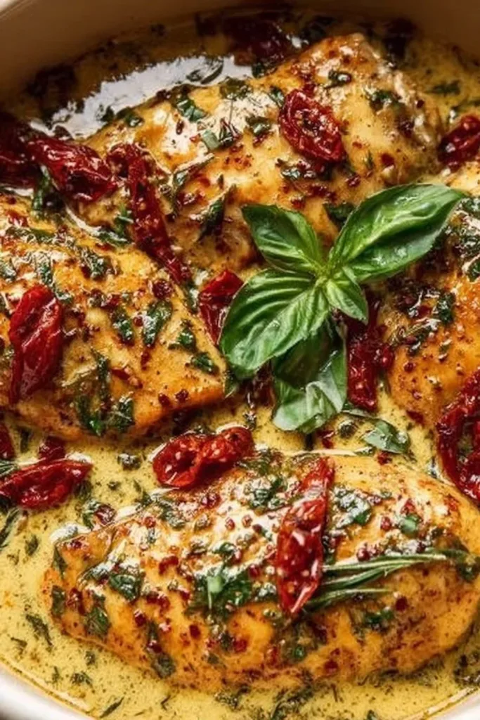 Crockpot Marry Me Chicken served in a bowl with herbs and spices.