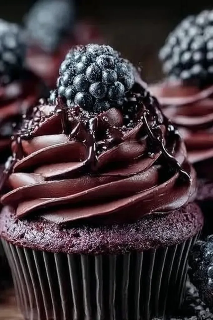 Decadent dark chocolate blackberry cupcakes on a decorative plate