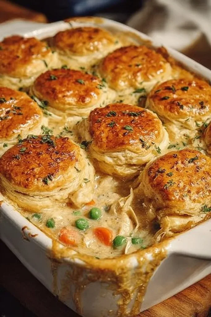 Delicious homemade chicken pot pie casserole with flaky crust and veggies