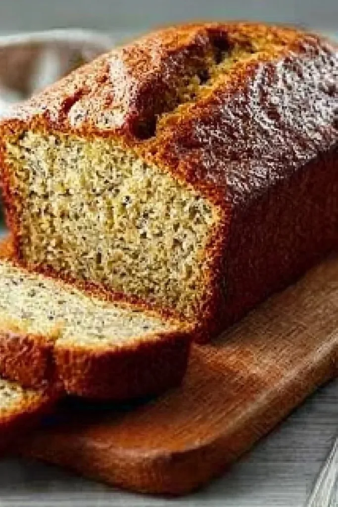 Loaf of easy moist banana bread on a wooden table, freshly baked and sliced.