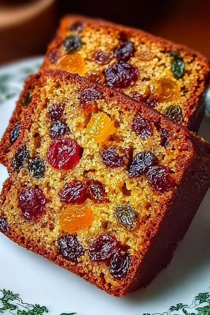 Delicious easy moist fruit cake decorated with colorful fruits and nuts