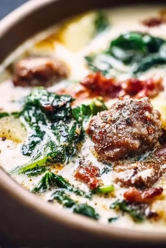 Homemade Olive Garden Zuppa Toscana soup served in a bowl with ingredients