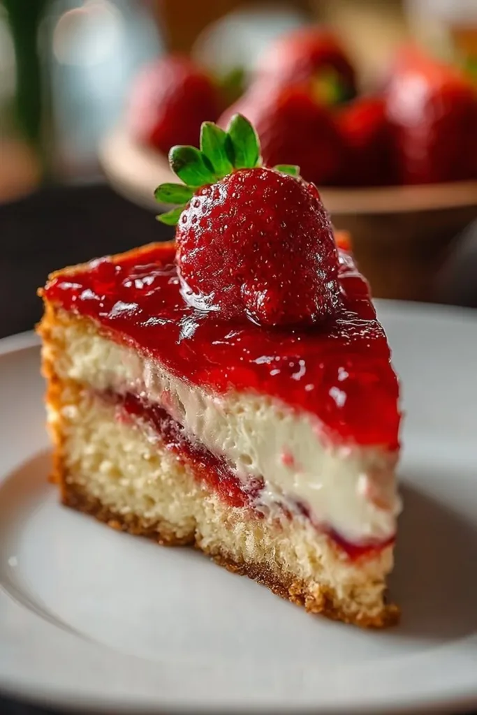 Easy strawberry cheesecake dump cake topped with fresh strawberries and cream.