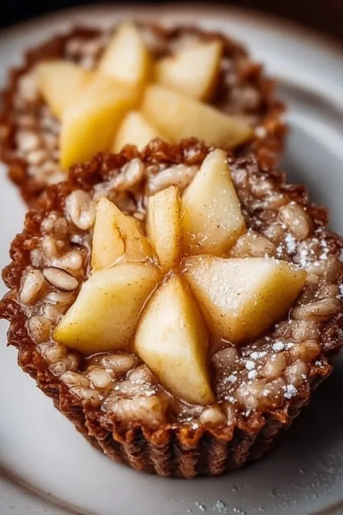 Fluffy baked apple cinnamon oatmeal cups displayed on a wooden table.