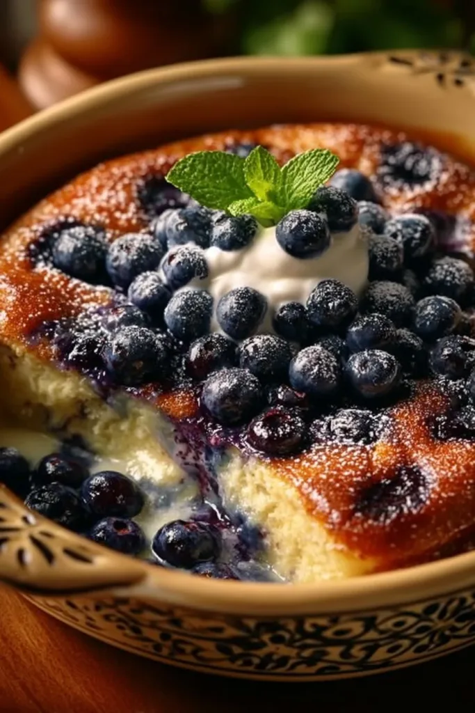 Fluffy blueberry pancake casserole served with a drizzle of syrup