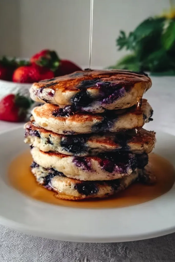 Fluffy blueberry protein pancakes stacked on a plate with syrup