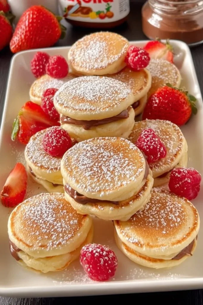 Fluffy mini pancakes with creamy Nutella filling on a plate