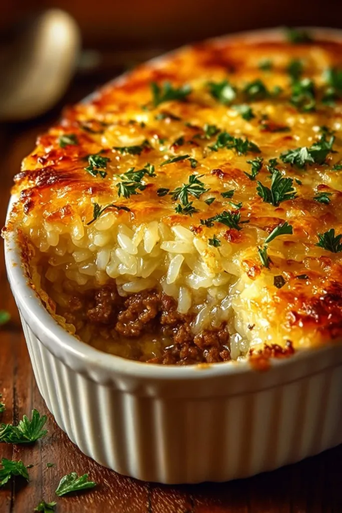 Delicious French Onion Ground Beef and Rice Casserole served in a dish