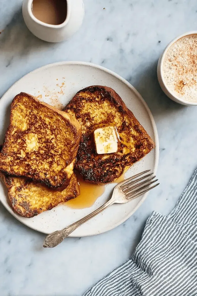 Delicious golden-brown french toast recipe with butter and syrup, served with coffee on a marble surface.