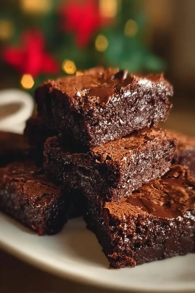 Decadent fudgy chocolate brownies on a plate with a rich chocolate drizzle.