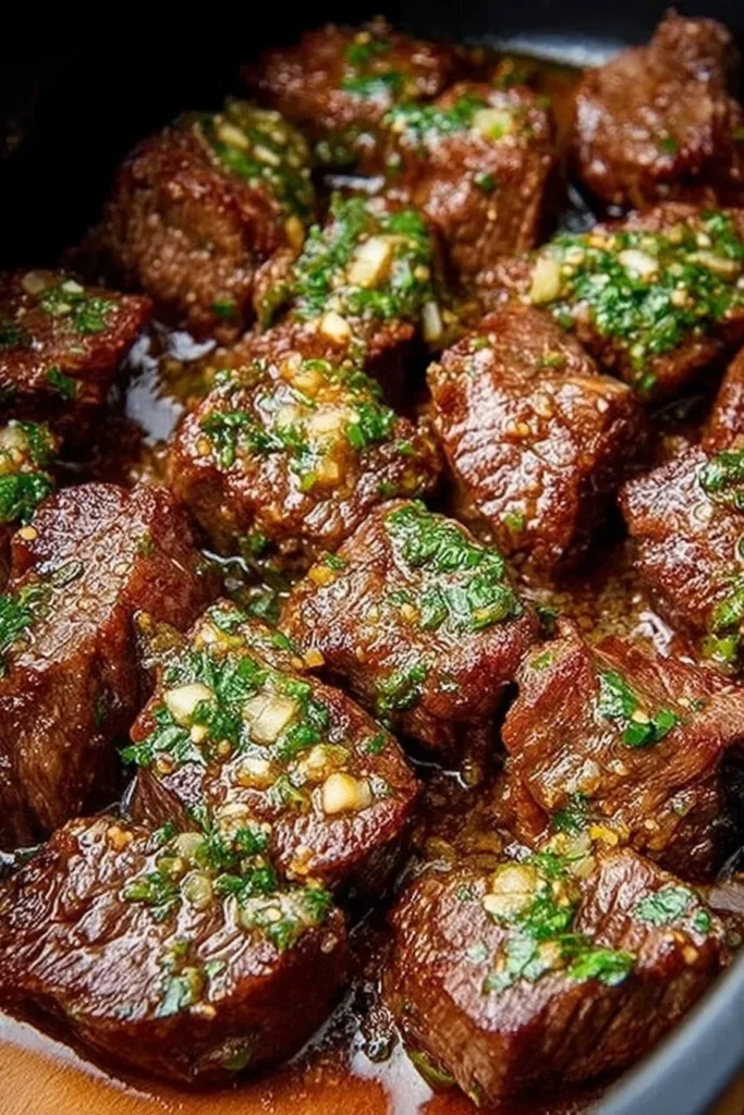 Juicy garlic butter air fryer steak bites served on a plate